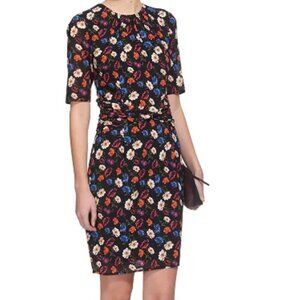 Whistles Black Floral Summer Pansy Print Silk Blend ¾ Sleeve Bodycon Dress